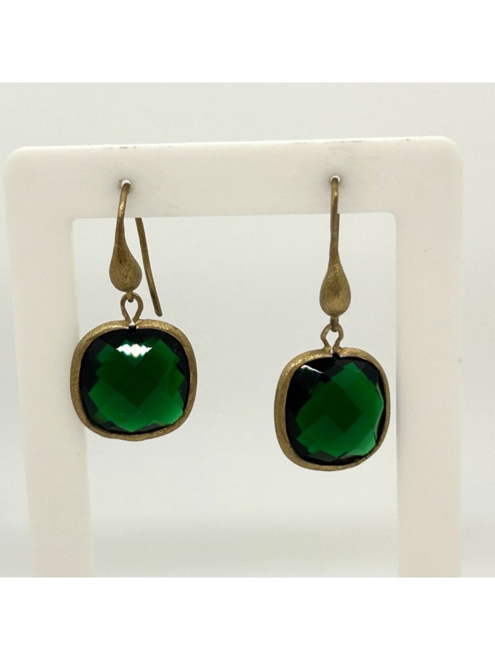 Emerald Green Cushion Cut Faceted Acrylic Matte Gold Tone Drop Hook Earrings